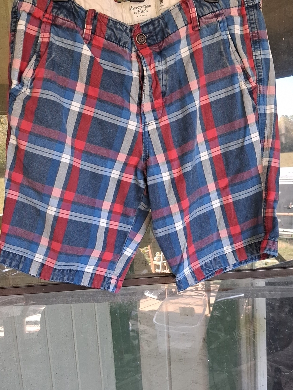 Abercrombie & Fitch Red and Blue Plaid Cotton Flat-Front Shorts